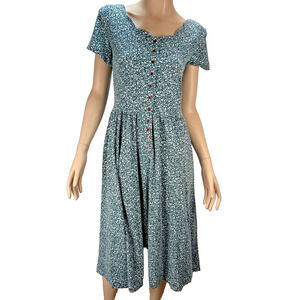 Jim Elliot Vintage Ditsy Floral Button Front Flare Midi Dress Size 6 Green White